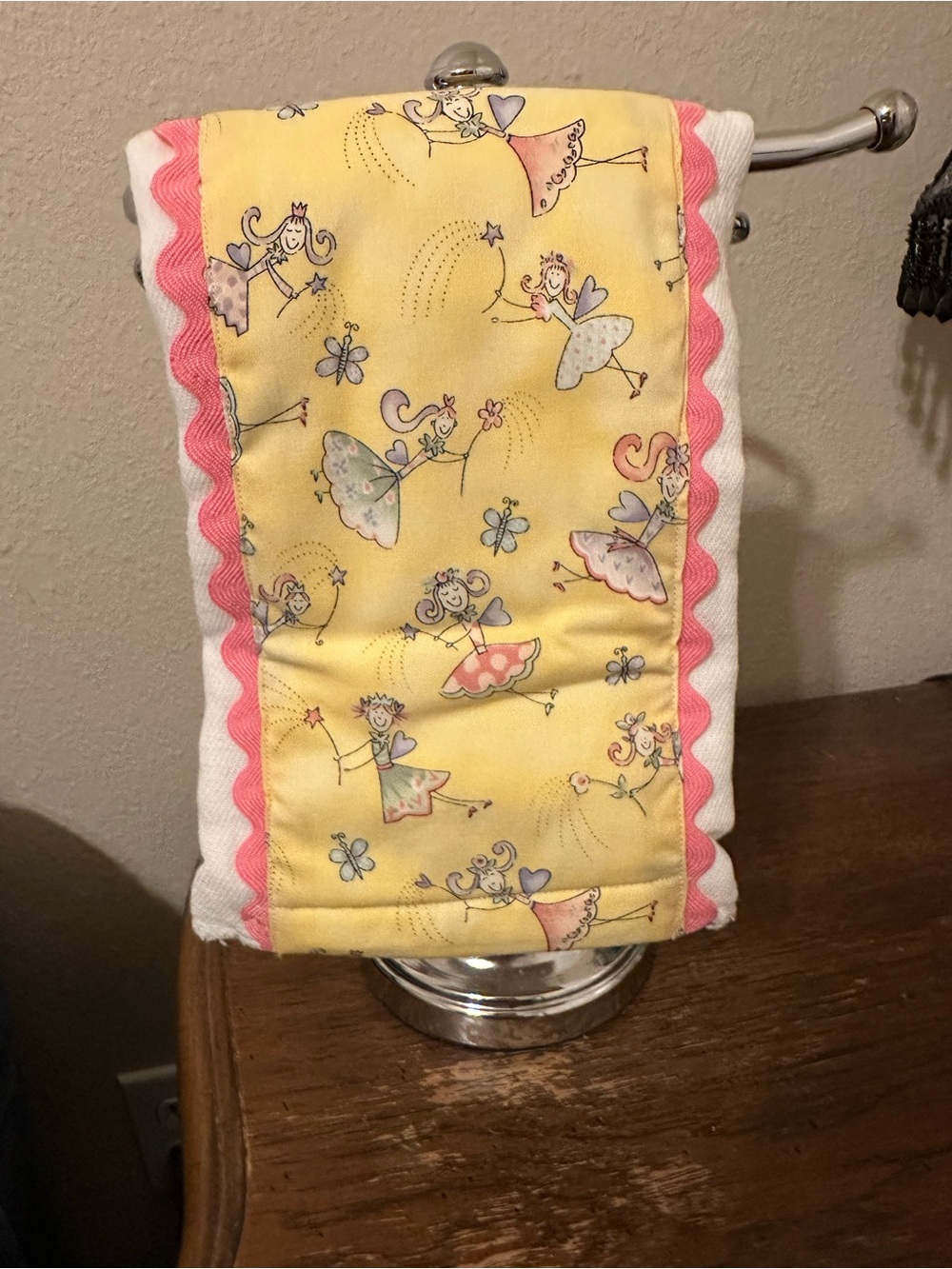 Handmade Cotton Burp Cloth with Pink Trim and yellow fairy panel